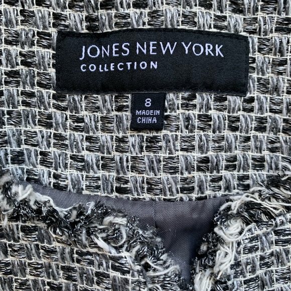 Jones New York Tweed Blazer Jacket Career Fringe Black Off White Size 8 - Picture 3 of 7